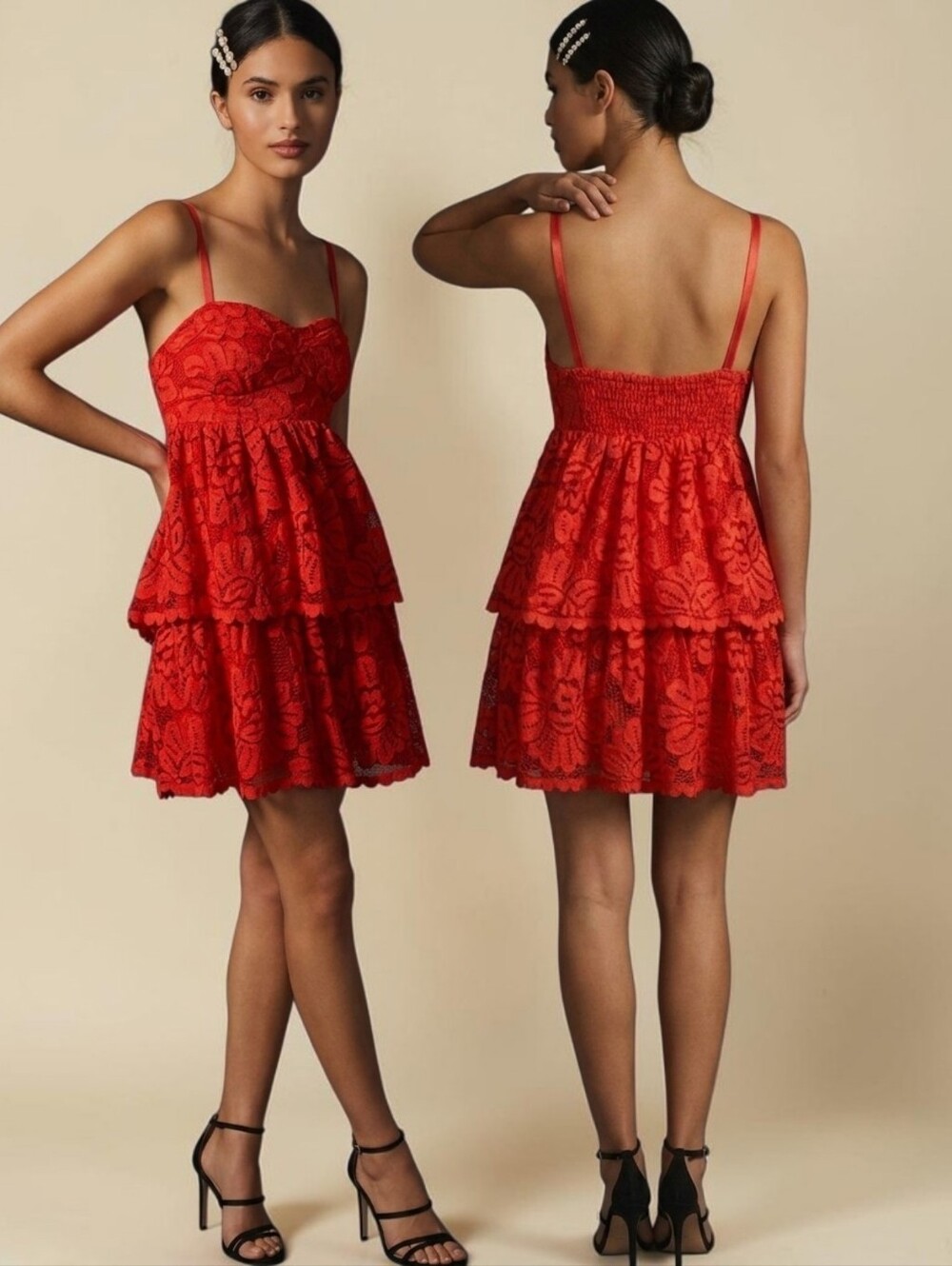 ANTHROPOLOGIE MAEVE Red Lace Ruffle Mini Dress - Size M
